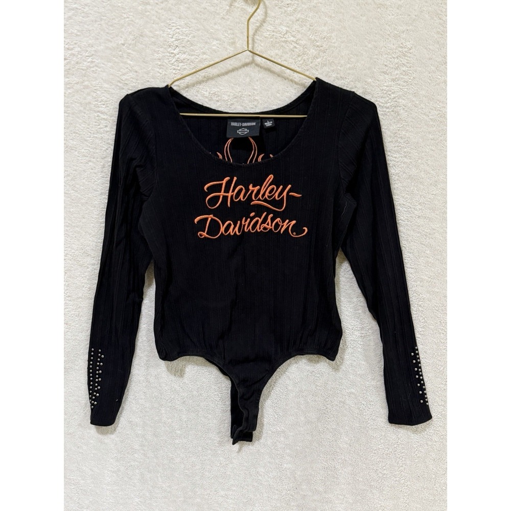 Harley Davidson Women's Body Suit Size Large Flames Embroidery Beads Biker
